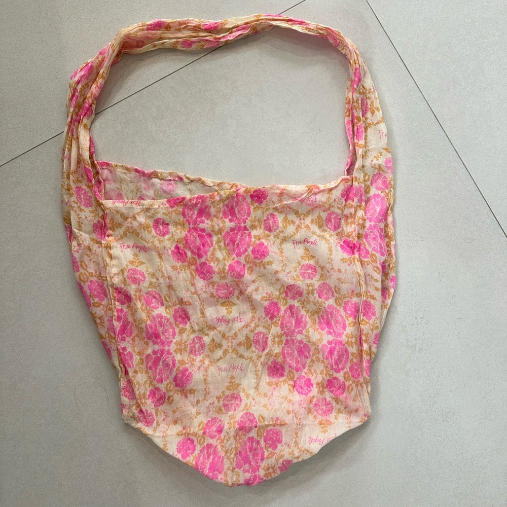 Free People Pink and Cream Floral Cotton Tote Shoulder Bag